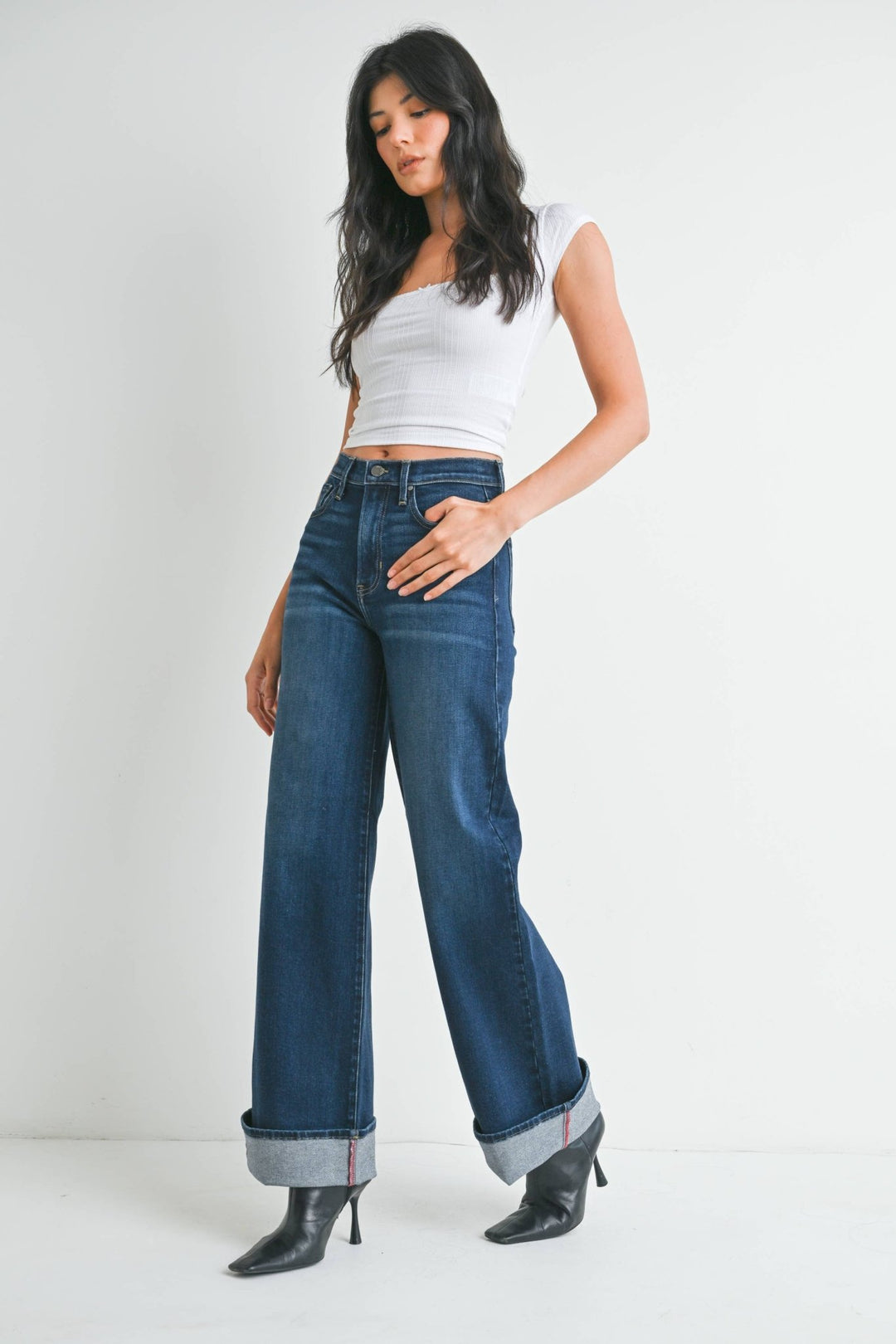 Dark Denim Cuffed Palazzo Jeans - Hello Beautiful Boutique