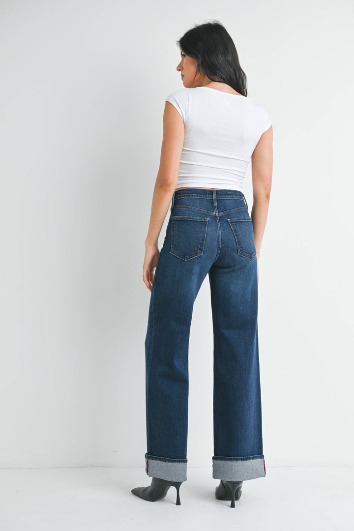 Dark Denim Cuffed Palazzo Jeans - Hello Beautiful Boutique