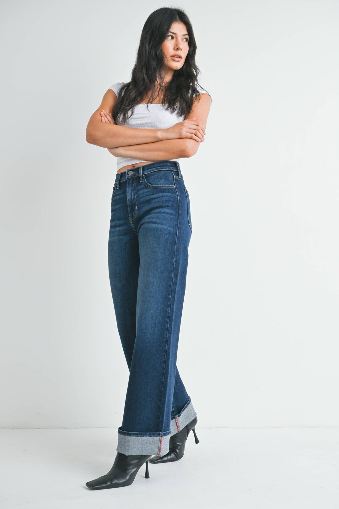 Dark Denim Cuffed Palazzo Jeans - Hello Beautiful Boutique