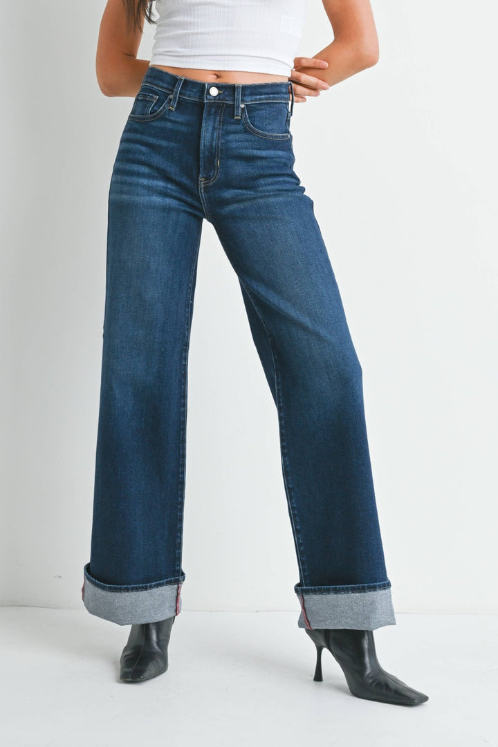 Dark Denim Cuffed Palazzo Jeans - Hello Beautiful Boutique