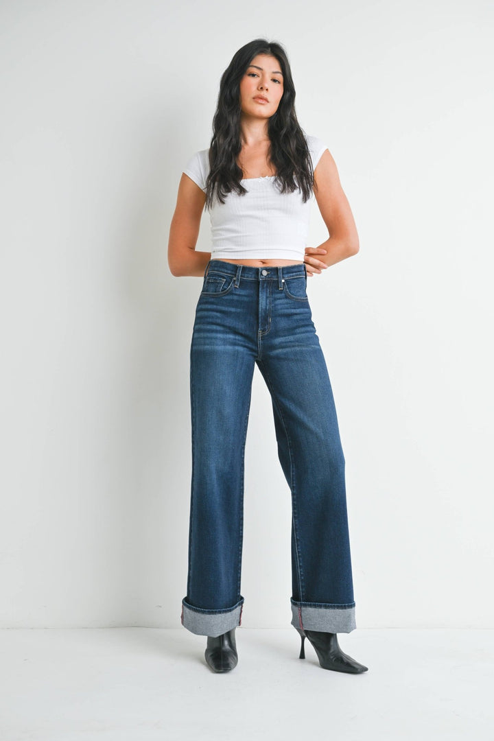 Dark Denim Cuffed Palazzo Jeans - Hello Beautiful Boutique