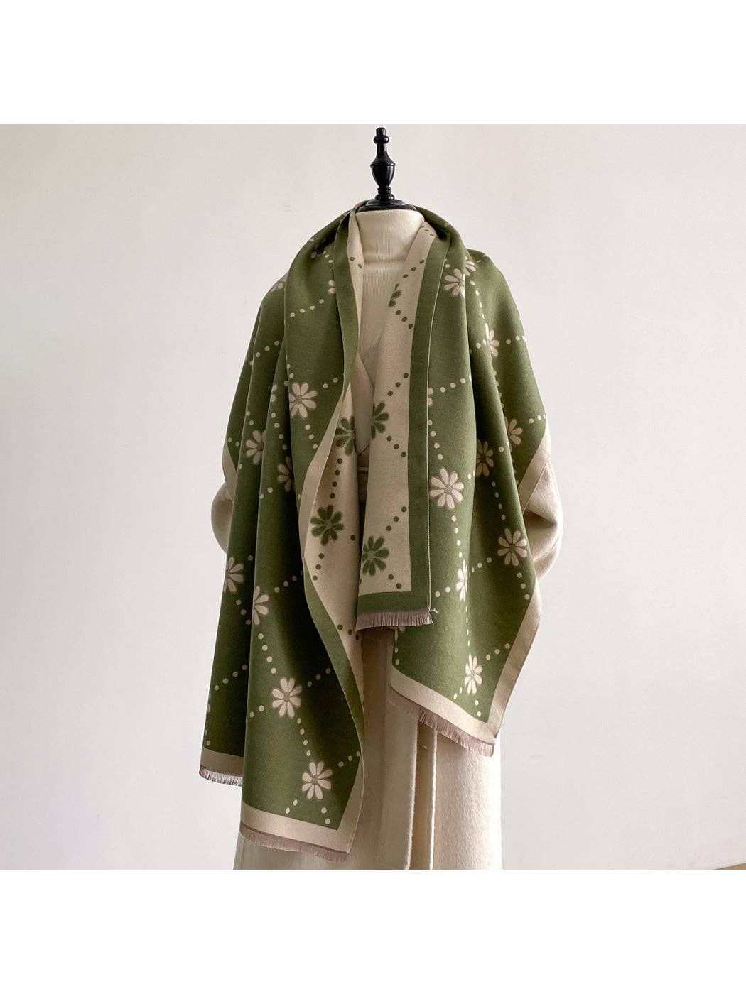 Polka Dot Floral Fringe Scarf
