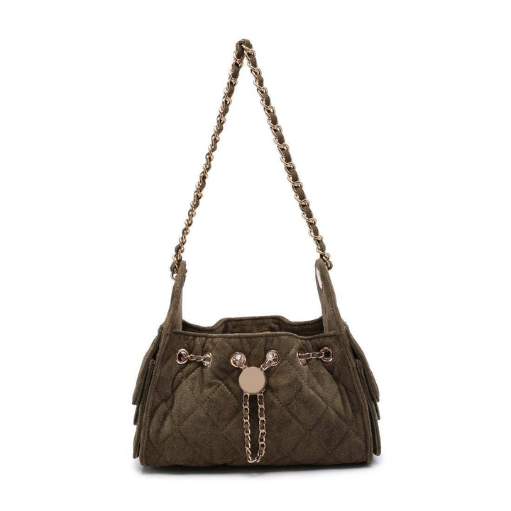 Royalty quilted faux suede shoulder bag in espresso brown with gold chain drawstring