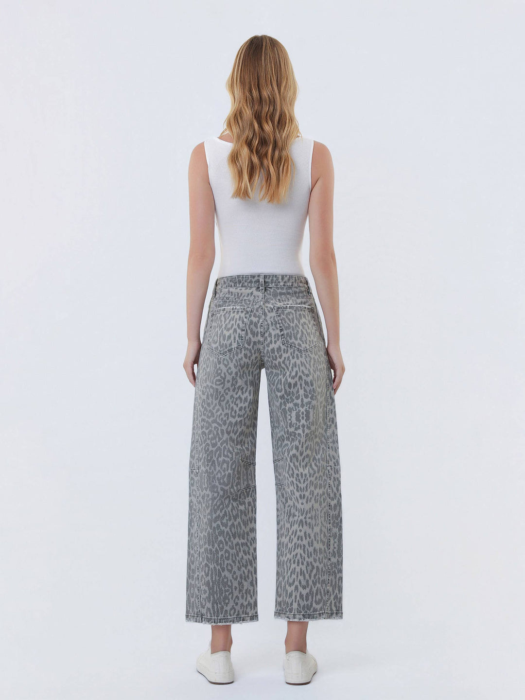 VERVET by Flying Monkey high-rise drawstring grey leopard barrel jeans, back view, 10.5-inch rise.