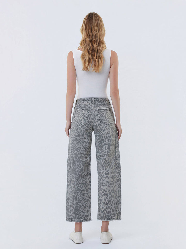 VERVET by Flying Monkey high-rise drawstring grey leopard barrel jeans, back view, 10.5-inch rise.