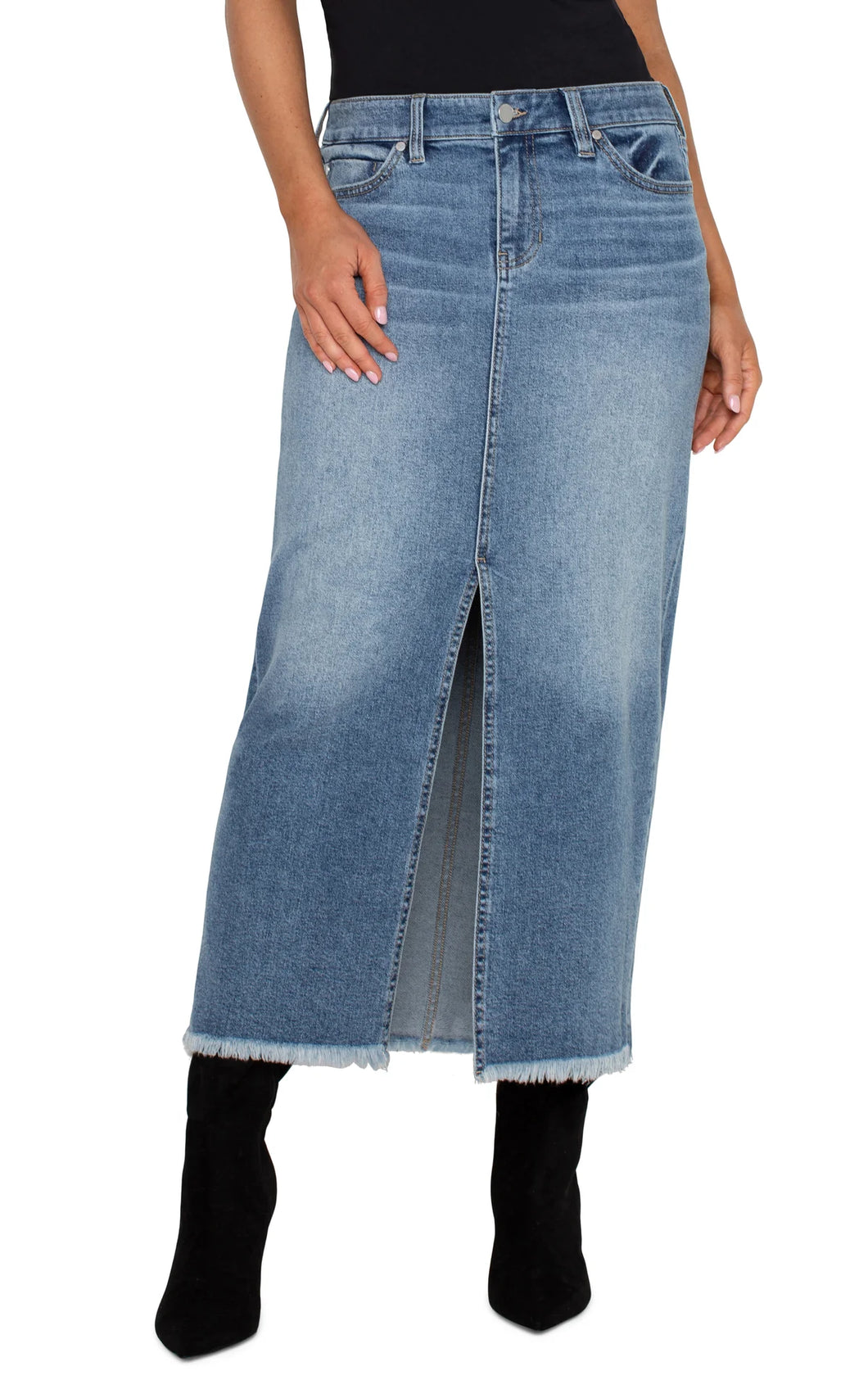 Front Slit Denim Maxi Skirt