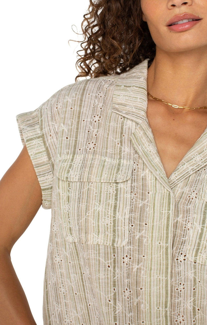Green/Tan Stripe Camp Shirt - Hello Beautiful Boutique