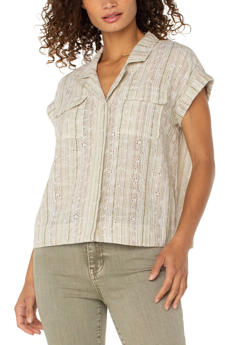 Green/Tan Stripe Camp Shirt - Hello Beautiful Boutique
