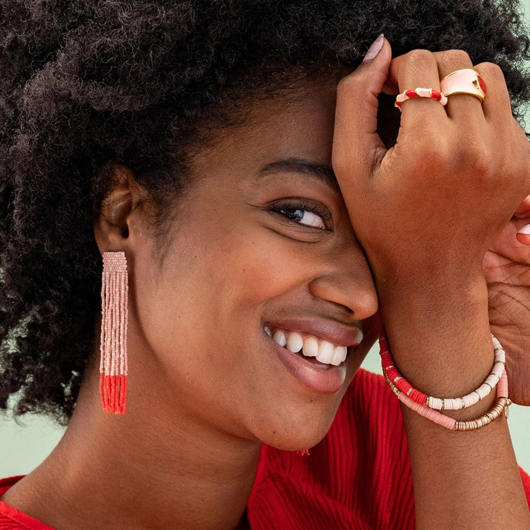 Ila Thick Stripe Mixed Luxe Beads Fringe Earrings Blush - Hello Beautiful Boutique