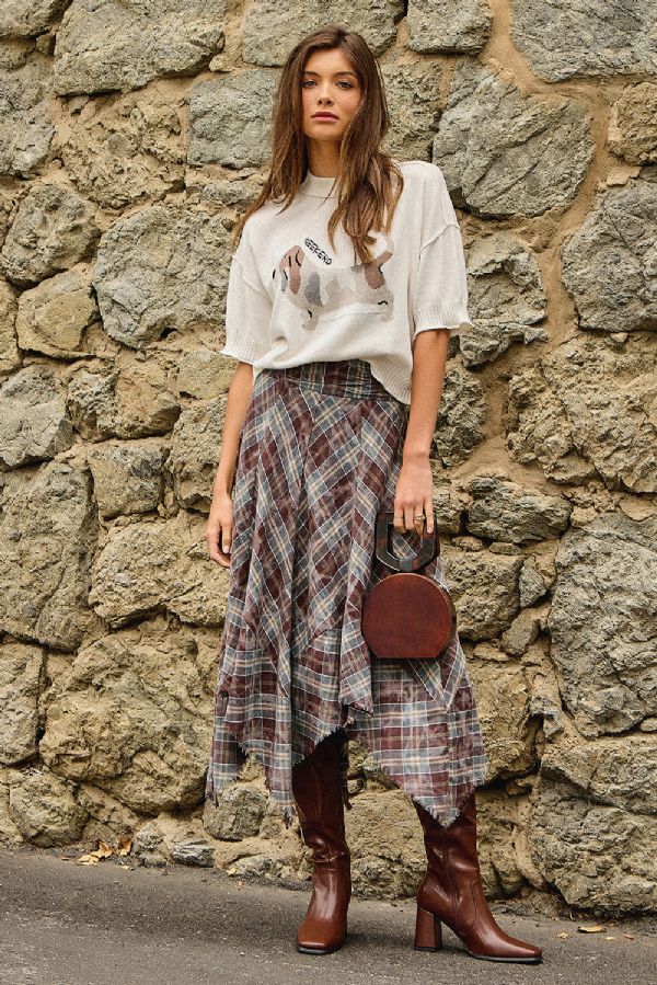 Asymmetrical Frayed Hem Plaid Skirt