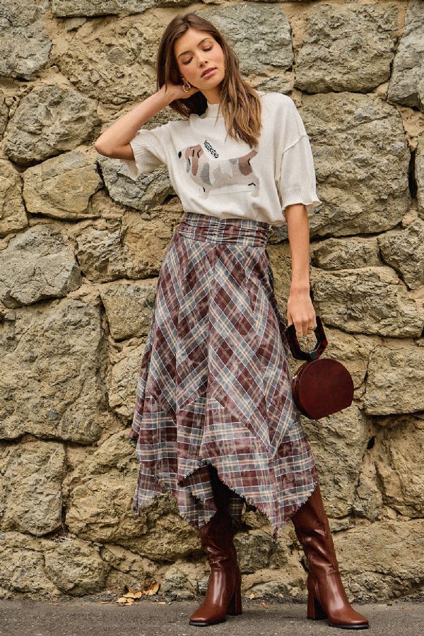 Asymmetrical Frayed Hem Plaid Skirt