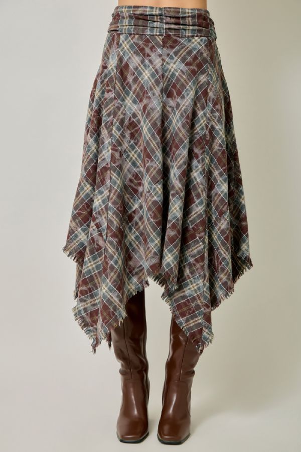 Asymmetrical Frayed Hem Plaid Skirt