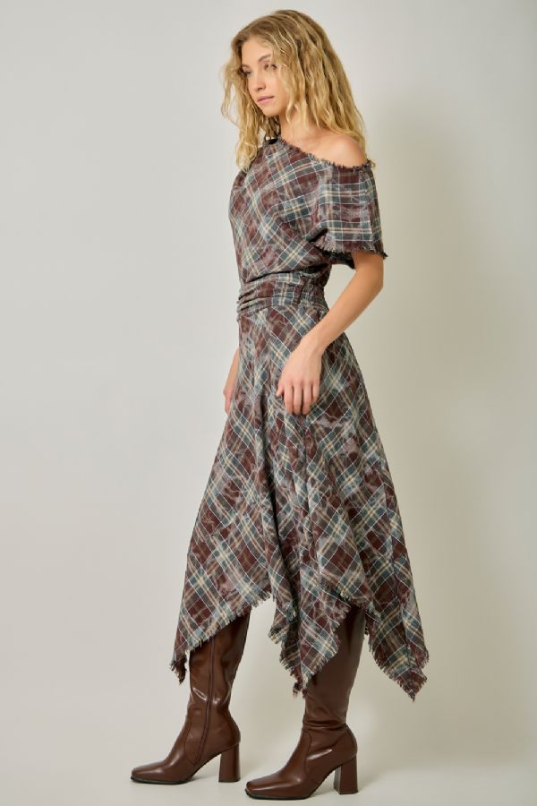 Asymmetrical Frayed Hem Plaid Skirt