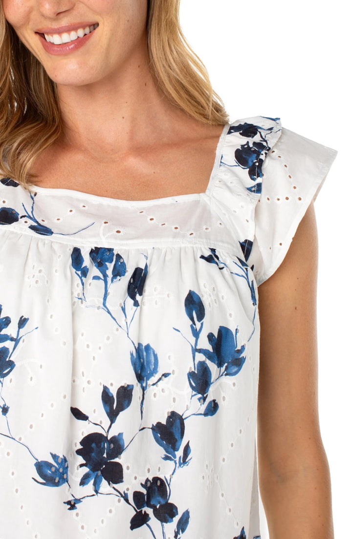 Indigo Rose Short Sleeve Woven Blue Flower Top - Hello Beautiful Boutique