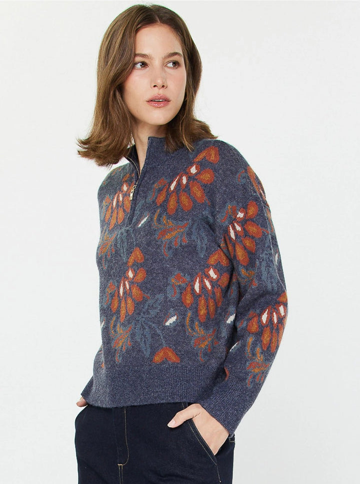 Jacquard Floral Half - Zip Sweater - Hello Beautiful Boutique
