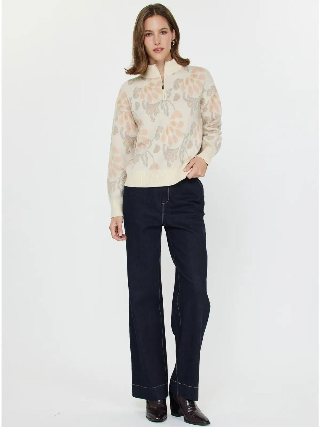 Jacquard Floral Half - Zip Sweater - Hello Beautiful Boutique