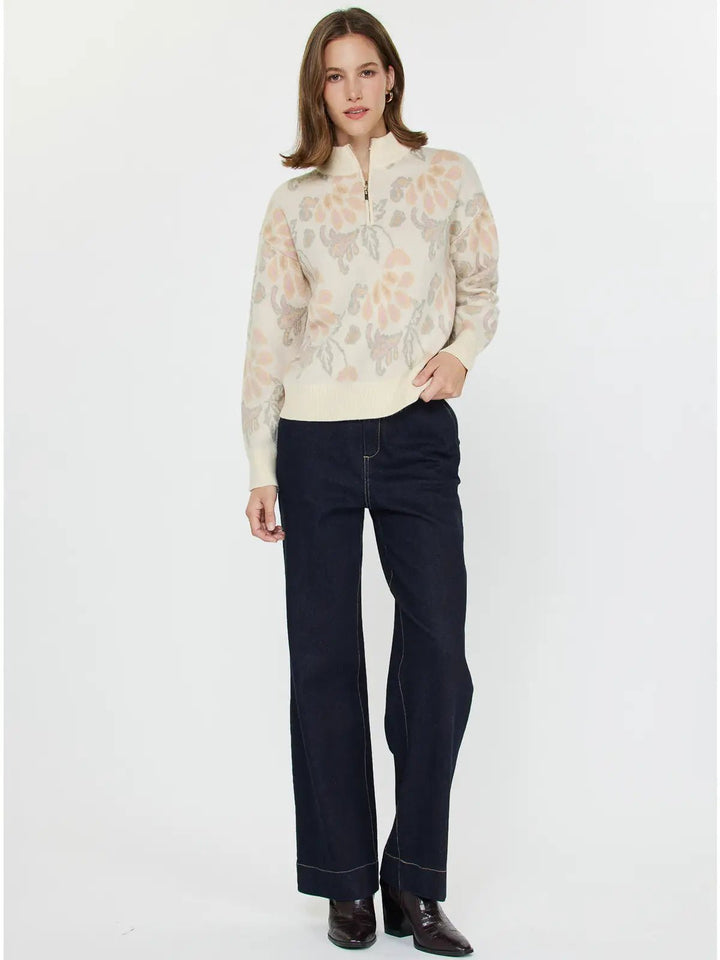 Jacquard Floral Half - Zip Sweater - Hello Beautiful Boutique