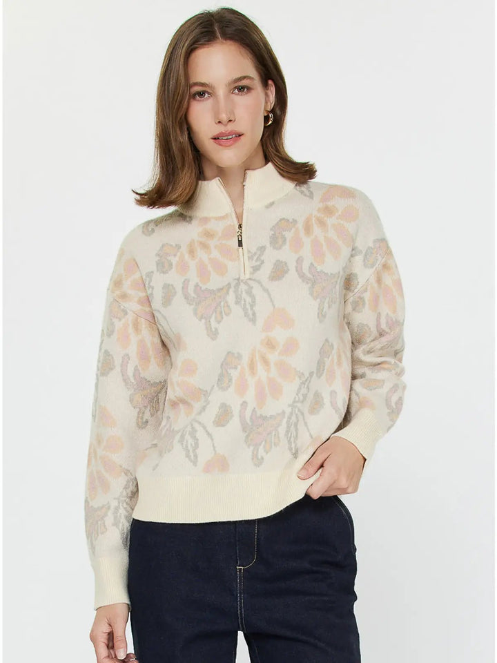 Jacquard Floral Half - Zip Sweater - Hello Beautiful Boutique