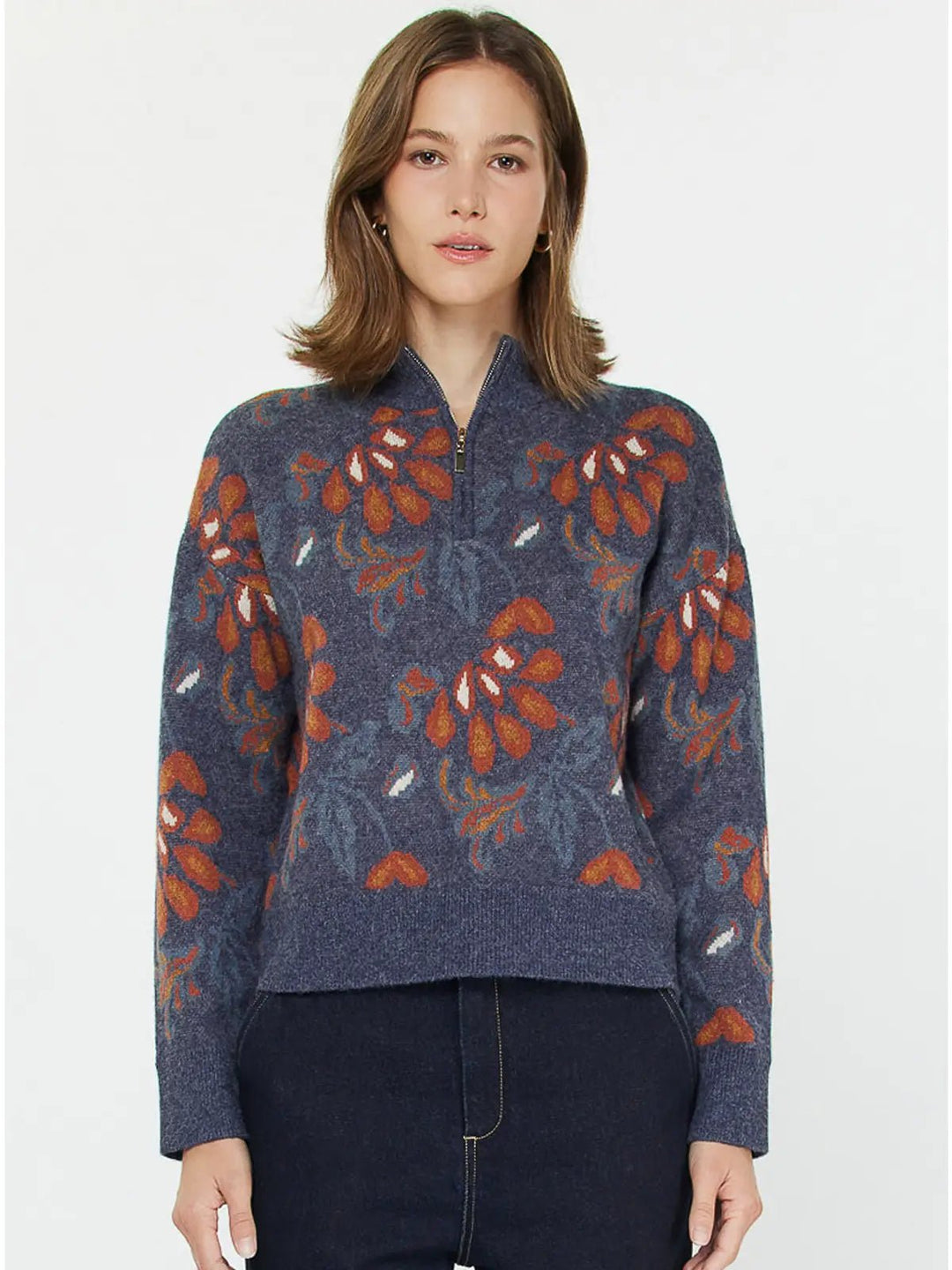 Jacquard Floral Half - Zip Sweater - Hello Beautiful Boutique