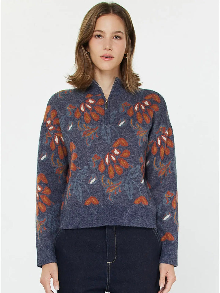Jacquard Floral Half - Zip Sweater - Hello Beautiful Boutique