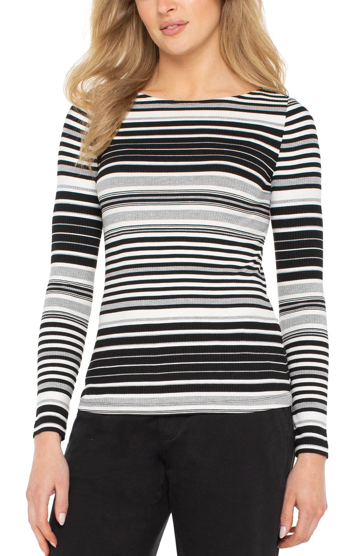 Liverpool Los Angeles Black &amp; White Variegated Boat Neck Top - Hello Beautiful Boutique