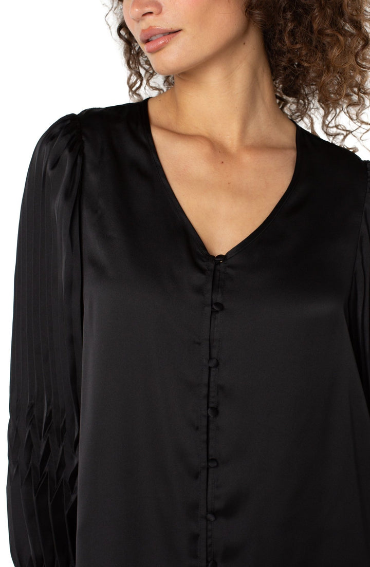 Long Sleeve V Neck Pleated Detail Woven Top - Hello Beautiful Boutique