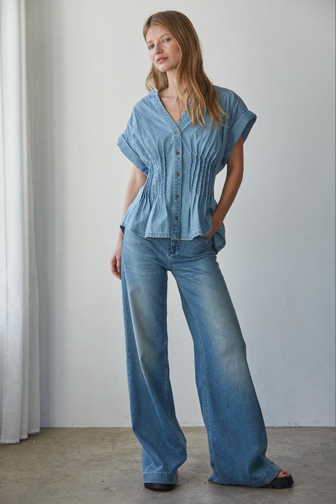 Monoco Peplum Denim Top - Hello Beautiful Boutique