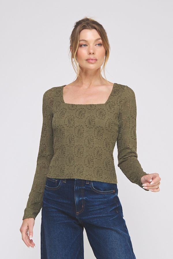 Olive Bloom Lace Knit Top - Hello Beautiful Boutique