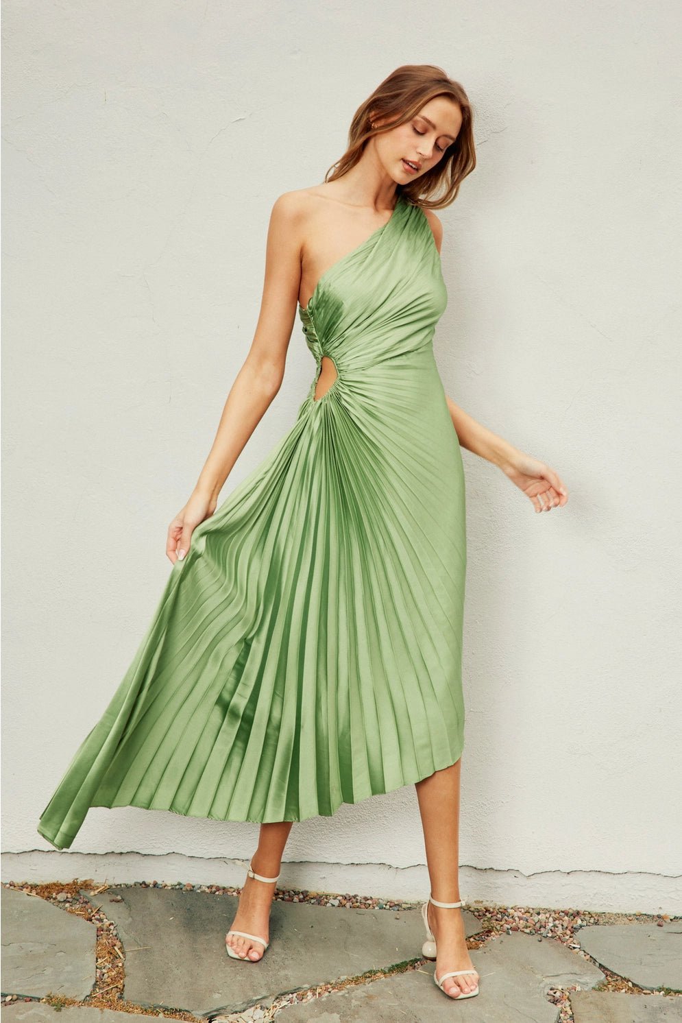 Olympia One Shoulder Asymmetrical Pleated Maxi Dress Small