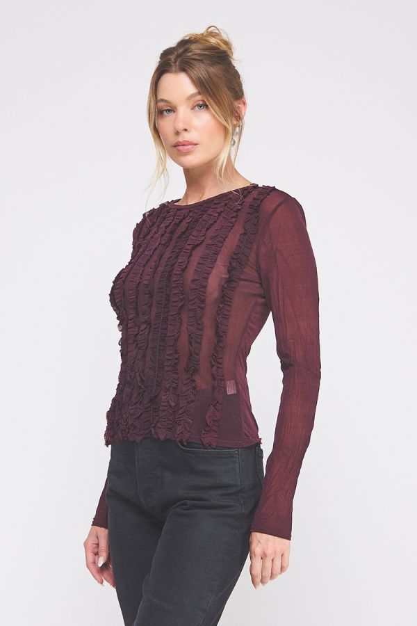 Plum Ruffle Sheer Blouse - Hello Beautiful Boutique