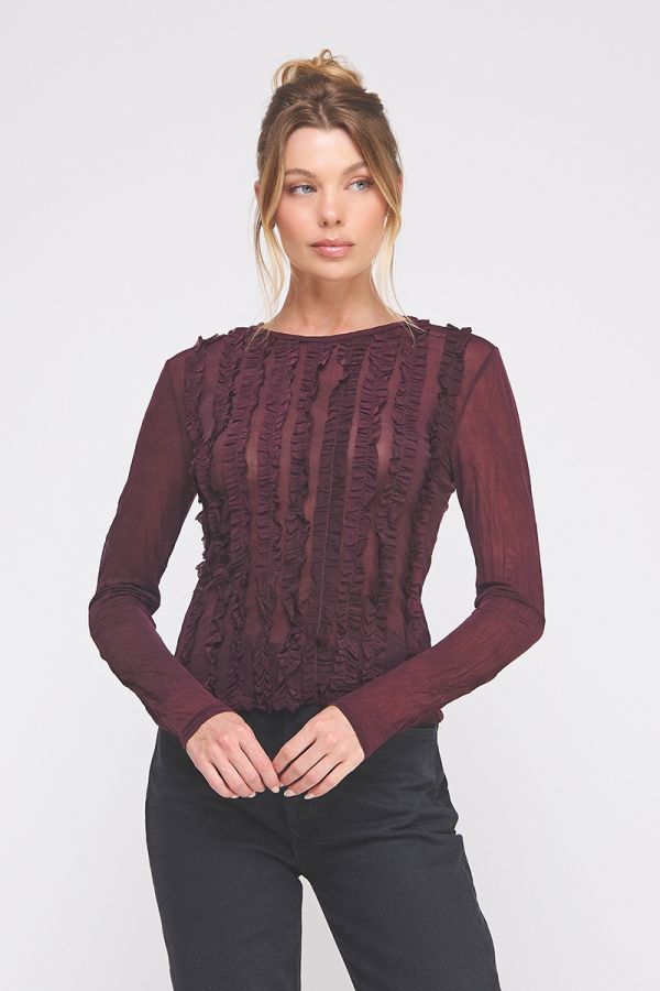 Plum Ruffle Sheer Blouse - Hello Beautiful Boutique