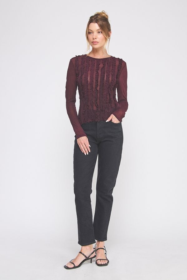 Plum Ruffle Sheer Blouse - Hello Beautiful Boutique
