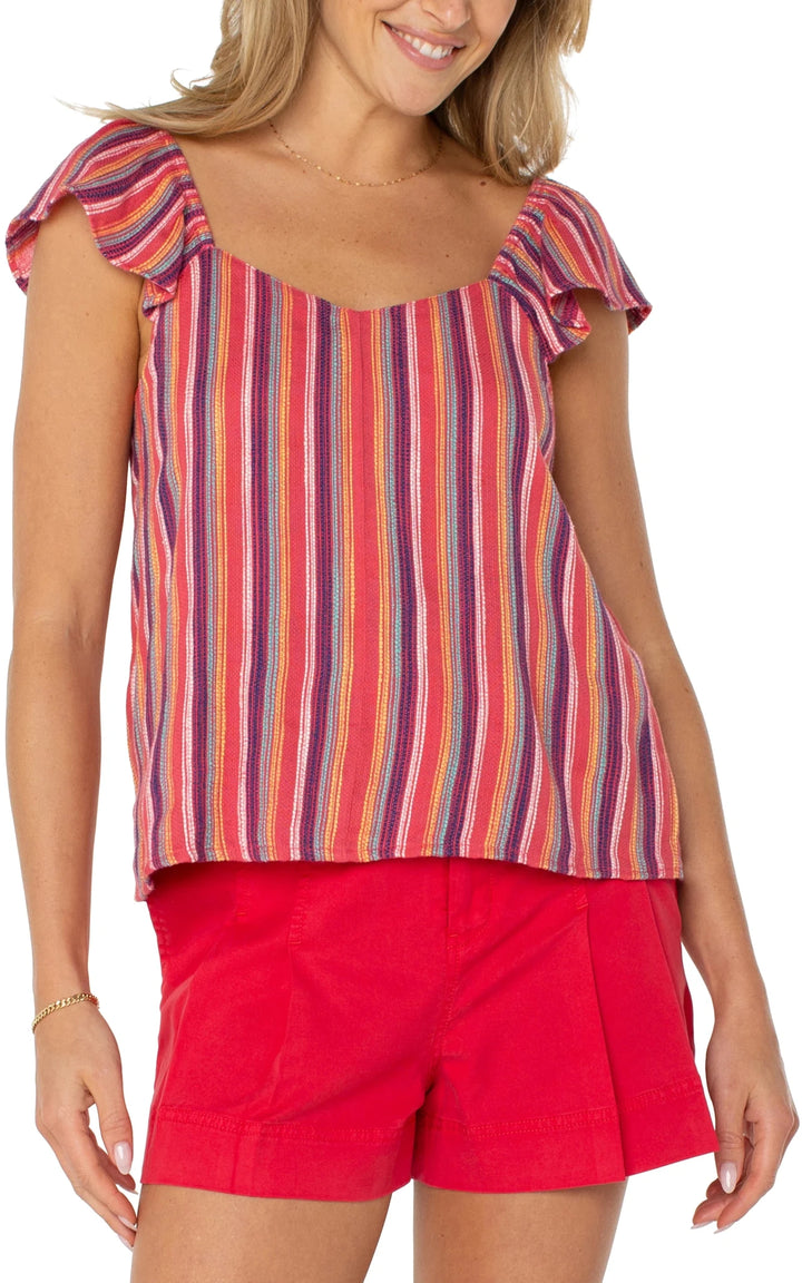 Red &amp; Blue Multi Stripe Flutter Sleeve Blouse - Hello Beautiful Boutique