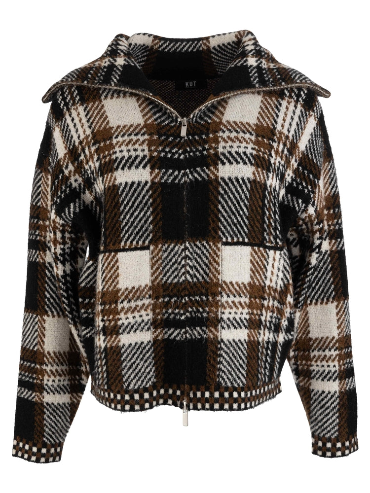 Woman wearing Kut from the Kloth Rue chocolate brown zip up sweater knit jacket with turtleneck collar