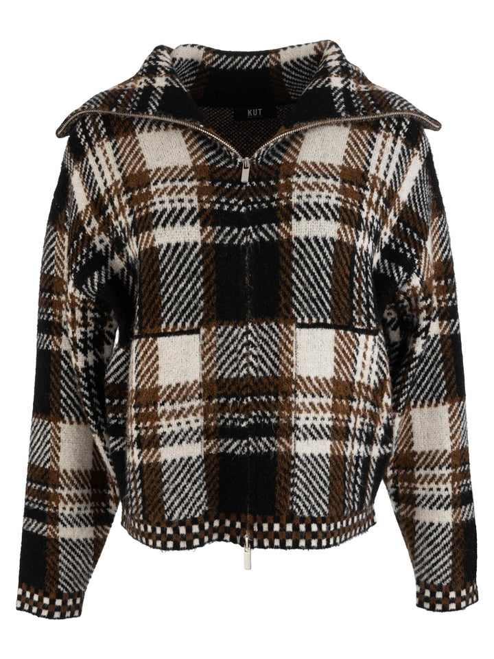 Woman wearing Kut from the Kloth Rue chocolate brown zip up sweater knit jacket with turtleneck collar