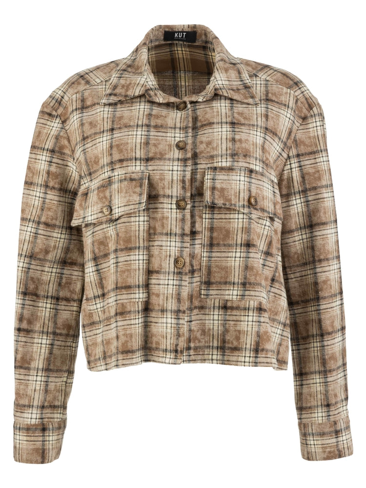 Woman wearing Kut from the Kloth Mira boxy plaid top with chest pockets over a tee and jeans