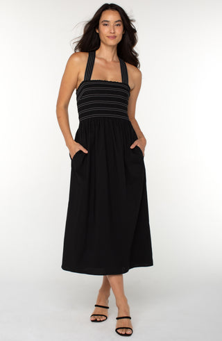 Black Smocked Sleeveless Midi Dress with Adjustable Straps