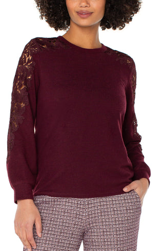 Burgandy Long Sleeve Lace Crewneck