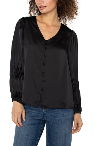 Long Sleeve V Neck Pleated Detail Woven Top
