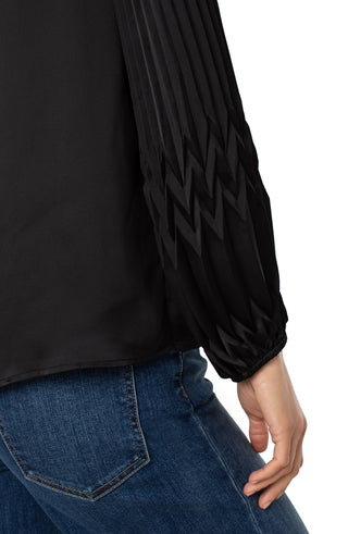 Long Sleeve V Neck Pleated Detail Woven Top