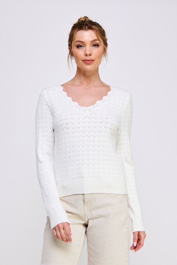 Whisper Pointelle Scallop V - Neck Sweater – Oat &amp; Off White - Hello Beautiful Boutique