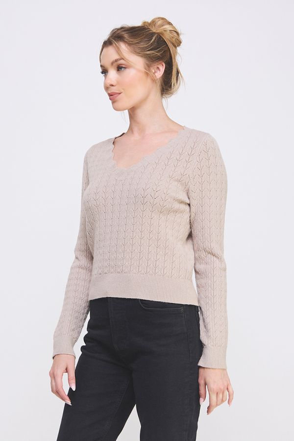 Whisper Pointelle Scallop V - Neck Sweater – Oat &amp; Off White - Hello Beautiful Boutique