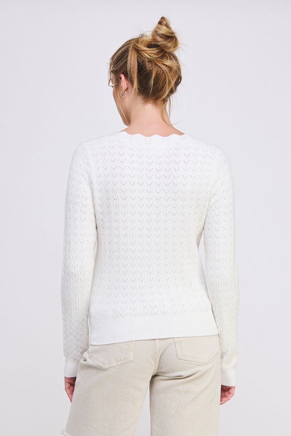 Whisper Pointelle Scallop V - Neck Sweater – Oat &amp; Off White - Hello Beautiful Boutique