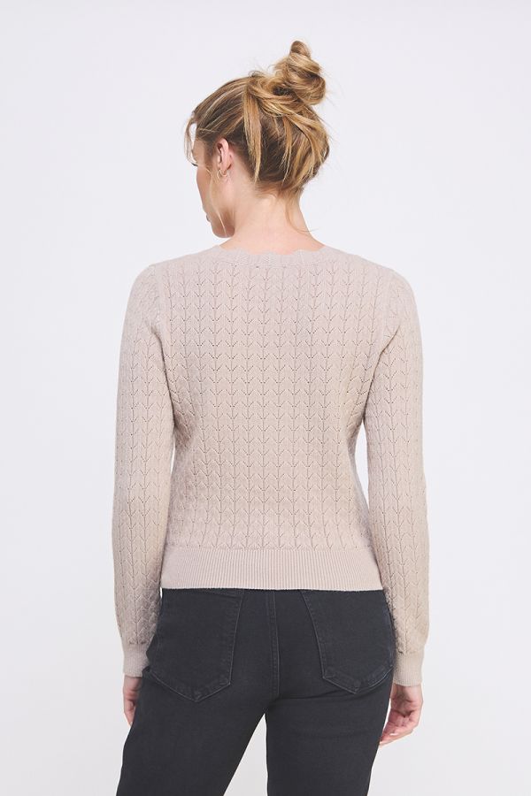 Whisper Pointelle Scallop V - Neck Sweater – Oat &amp; Off White - Hello Beautiful Boutique