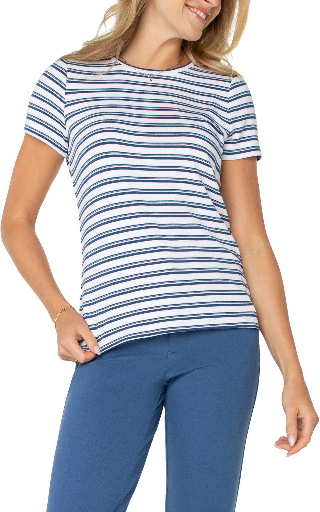 White/Indigo Dusk Stripe Short Sleeve Classic Crew Neck Tee - Hello Beautiful Boutique