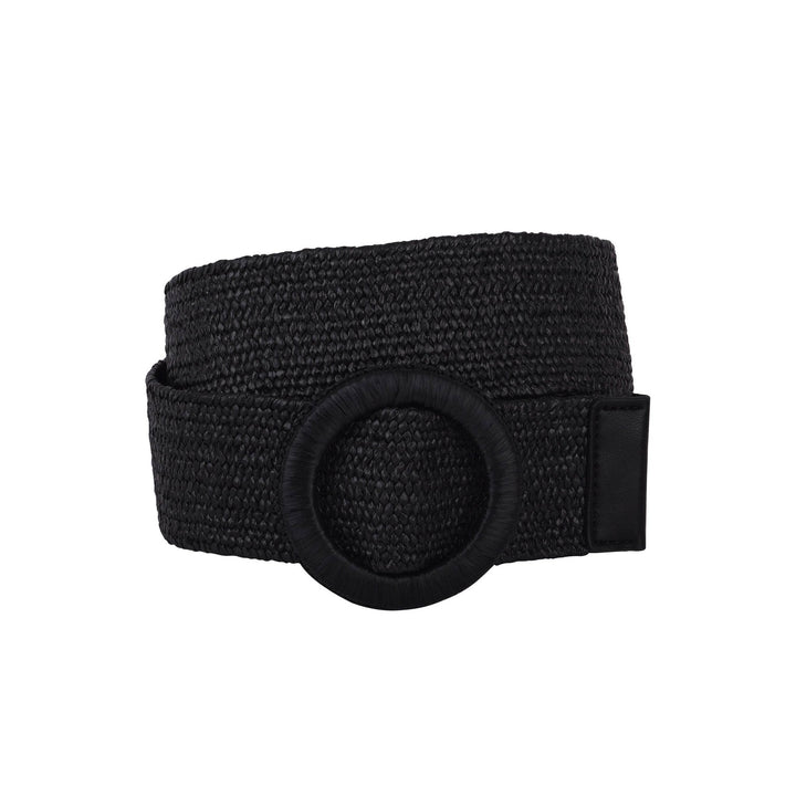 Woven Raffia Circle Buckle Stretch Waist Belt: Black / ML - Hello Beautiful Boutique